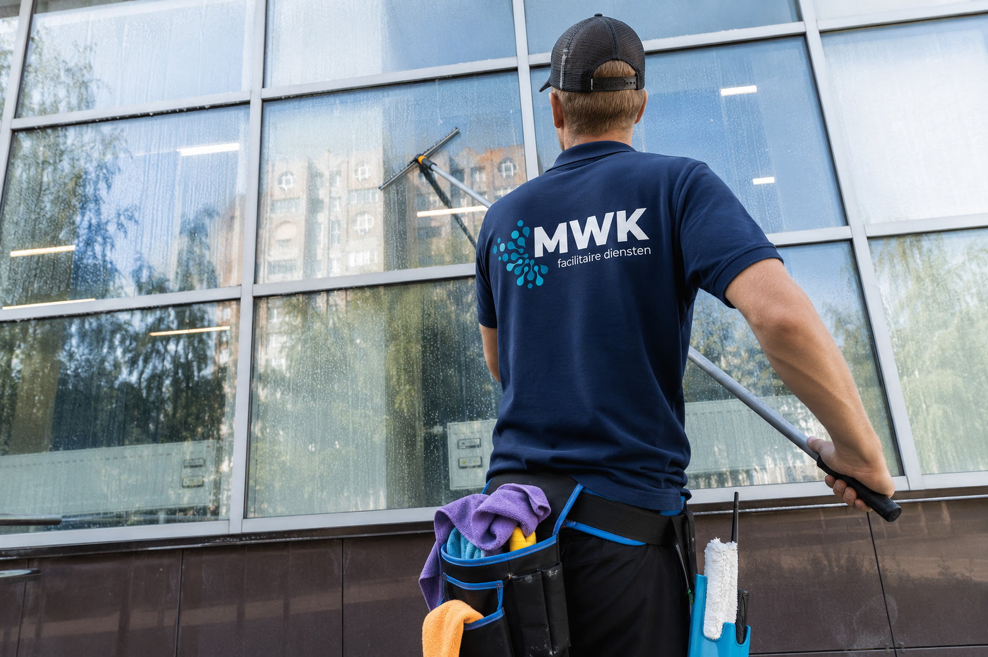 MWK medewerker reinigt een raampartij van een bedrijfspand met een wisser
