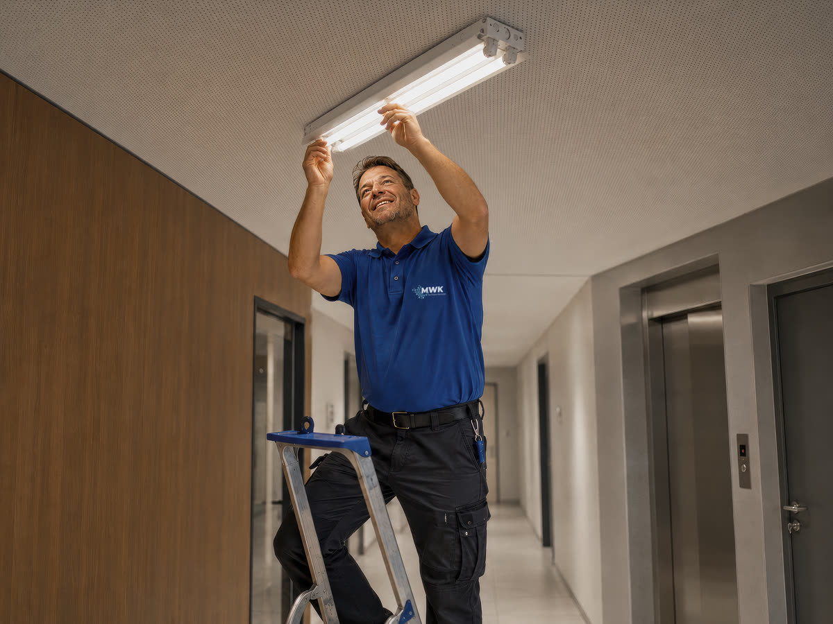 MWK huismeester vervangt een lamp in een appartementencomplex
