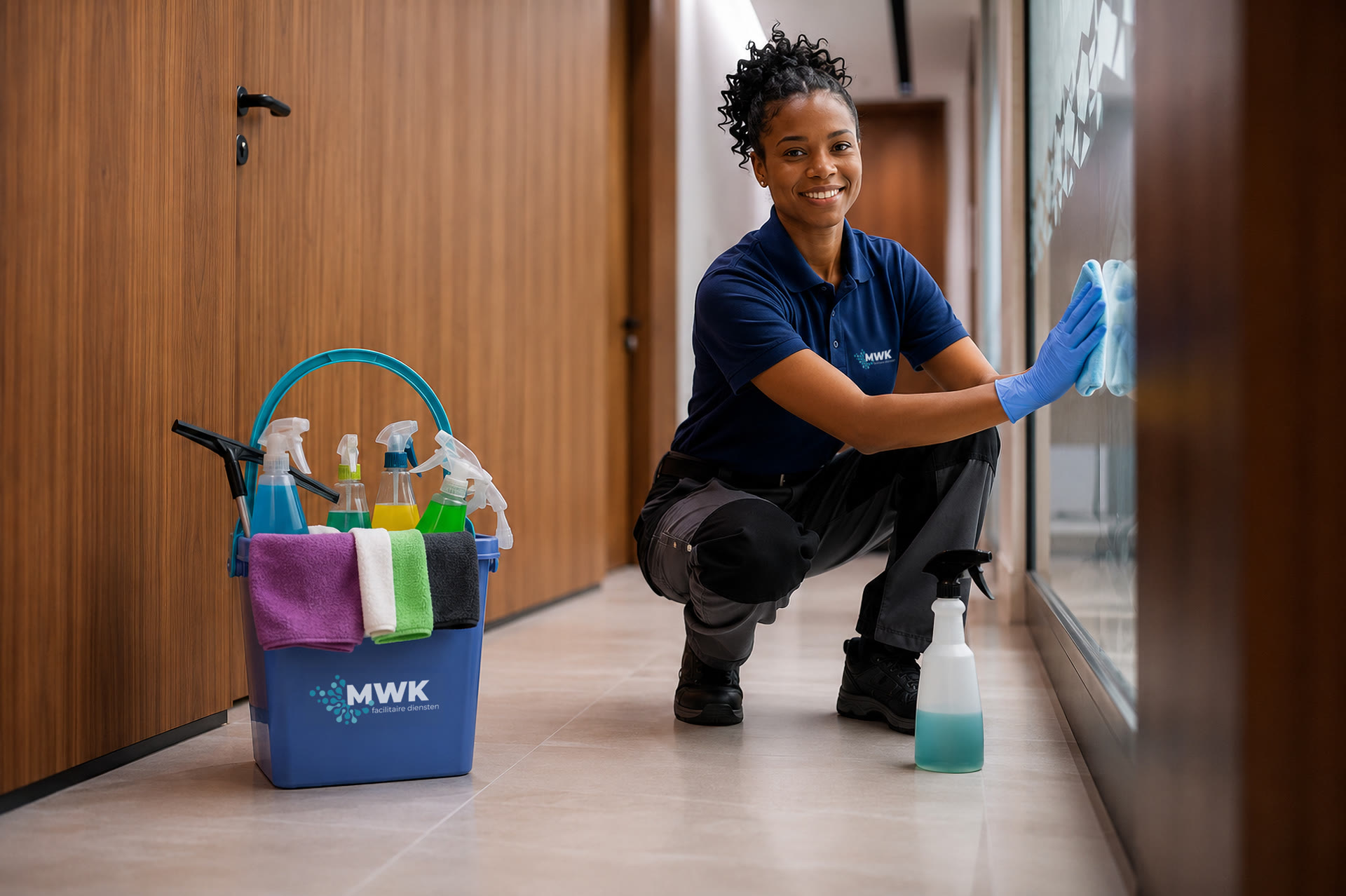 MWK medewerker maakt glazen wand schoon